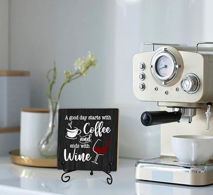 Coffee And Wine Desk Decor Sign, Rustic Wooden Sign With Stand, A Good Day Starts With Coffee And Ends With Wine Sign For Farmhouse Home Kitchen Bar Shelf Table, Gifts For Family Friend Coworker-04