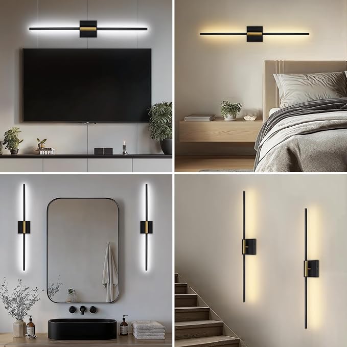 Battery Operated Wall Sconces Set of Two, Battery Wall Sconce with Remote Control, Black Gold Modern LED Rechargeable Wireless Sconces, Wall Lights for Bedroom, Living Room, 2Pack, 31.5Inch