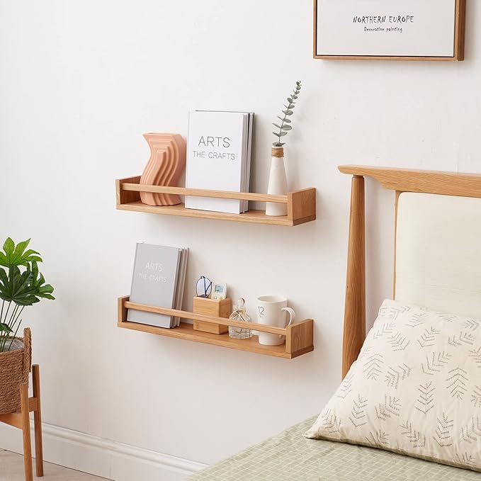 Oak Nursery Shelves, Natural Wood Nursery Floating Shelves Wall Mounted, Wall Bookshelf for Bedroom Living Room Kitchen Spice Rack,32 Inch