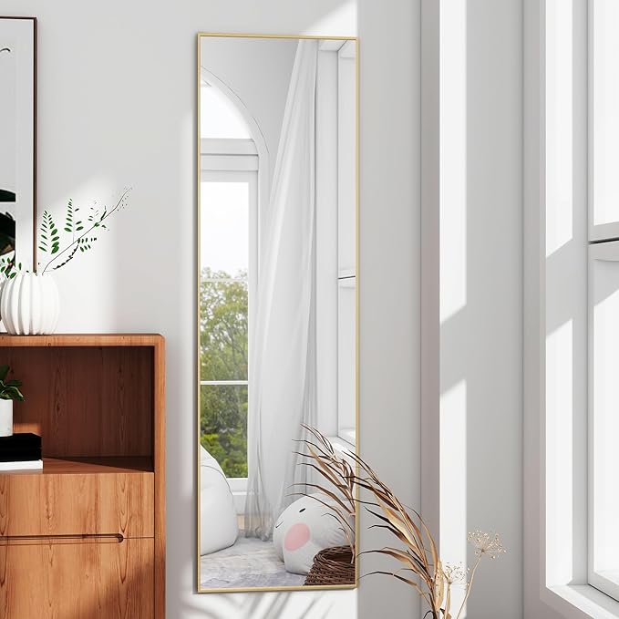 Full Length Door Mirror 14x48, Metal Frame with Protective Film, No-Drilling Hanging or Wall Mount (Horizontal/Vertical), Hooks & Hardware Included, Full Body Mirror for Bedroom, Dorm, Gold
