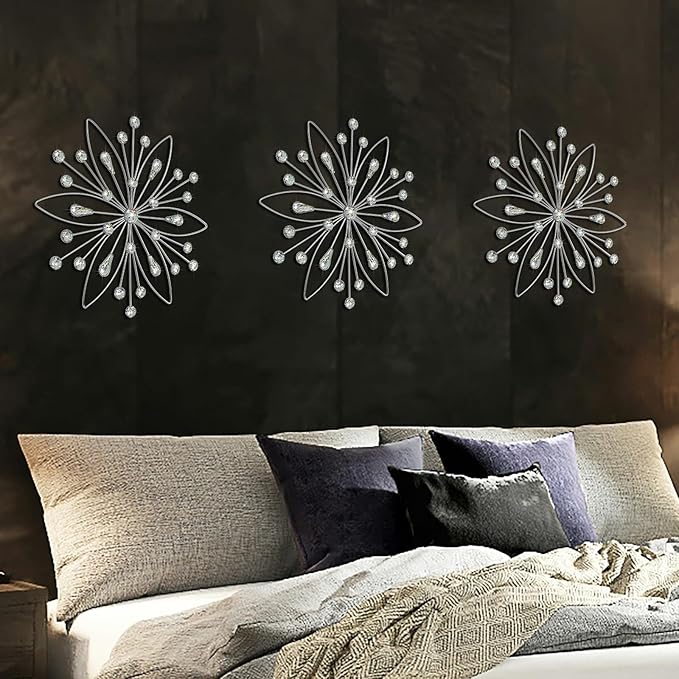 ZEXUIRU 3 Pack Silver Sunburst Wall Decor – Metal Crystal Wall Art with Sparkling Rhinestones, 14’’/18 Inch Starburst Wall Hanging Set for Living Room Bedroom Bathroom – Modern Bling Home Decorations