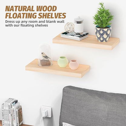 Floating Shelves (Set of 2) – Wall Mounted Shelves for Home Décor and Storage, Natural Pine Wood, Suitable for Living Room and Bedroom (Unfinished, 15.7" x 6.7" x 1.2")