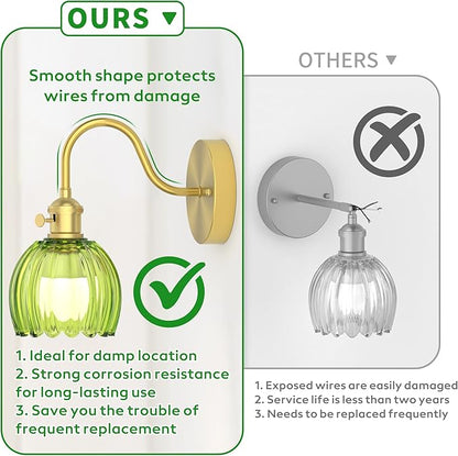 2-Pack Wall Sconces Lights Lamp for Bedroom Bathroom, Modern Vanity Light Fixtures, Wall Mount Lighting Vintage Tulip Green Glass Shade for Living Room Mirror Hallway Kitchen