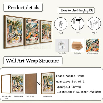 Italy Travel Wall Art Set of 3, Amalfi Coast Wall Decor, Trendy Italian Food Kitchen Poster Canvas Prints, Vintage City Landscape Artwork for Dining Room Living Room 16x24 inch Wood Framed