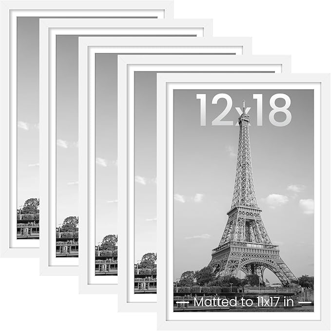 upsimples 12x18 Picture Frame Set of 5, Display Pictures 11x17 with Mat or 12 x 18 Without, Wall Gallery Poster Frames, White