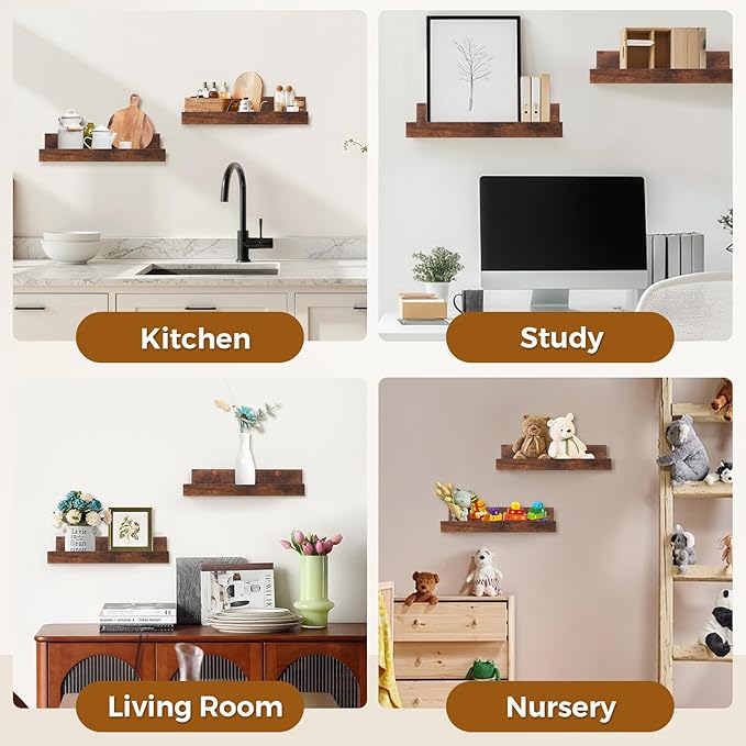 Muzilife 12" Small Floating Wall Ledge Shelves with Lip - Set of 2 Wood Floating Shelves - Rustic Brown Wall Mounted Picture Ledge for Office, Bathroom, Bedroom, Living Room, Kitchen
