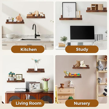 Muzilife 12" Small Floating Wall Ledge Shelves with Lip - Set of 2 Wood Floating Shelves - Rustic Brown Wall Mounted Picture Ledge for Office, Bathroom, Bedroom, Living Room, Kitchen