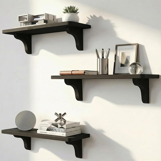 Real Wood Black Shelves for Wall - 17 inch (3 Pack) - Easy to Install, Template and Video Included - Black Wall Shelf, Mounted Wall Shelves, Bedroom Shelves