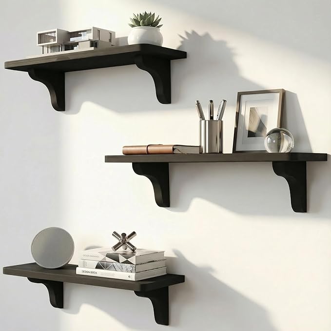 Real Wood Black Shelves for Wall - 17 inch (3 Pack) - Easy to Install, Template and Video Included - Black Wall Shelf, Mounted Wall Shelves, Bedroom Shelves
