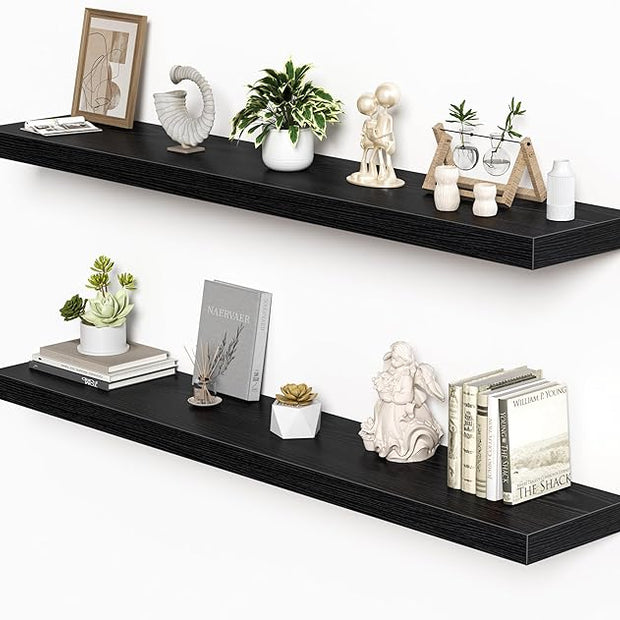 Floating Shelves for Wall, 55"W x 9.3"D x 1.5"H, Long Wooden Wall Mounted Display Shelves with Invisible Brackets for Living Room, Bedroom, Bathroom, Kitchen Decor and Storage, Set of 2, Black