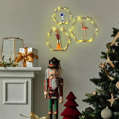 Hexagon Floating Shelves Wall Decor, Gold Metal Wire and Wood Wall Mounted Storage Shelf Home Decorations Art for Bedroom Living Room Kitchen Bathroom, Set of 3 with LED Lights