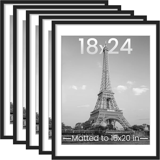 upsimples 18x24 Picture Frame Set of 5, Display Pictures 16x20 with Mat or 18 x 24 Without, Wall Gallery Poster Frames, Black
