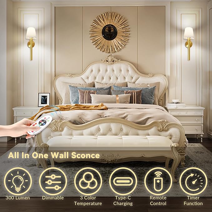 Battery Operated Wall Sconce, Wireless Wall Lamp Set of 2 RGB Dimmable Rechargeable Wall Lights with Bulbs and Remote, 12 Colors Gold Wall Sconces for Bedroom Nightstand Living Room Hallway