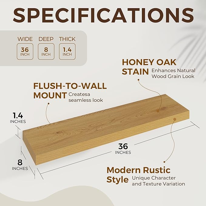 Dreamland 36 Inches Floating Shelves for Wall, 8 Inch Deep Floating Shelves Set of 2, Large Display & Storage Shelf, Wall Shelf for Bathroom Bedroom Living Room Kitchen Office,Oak
