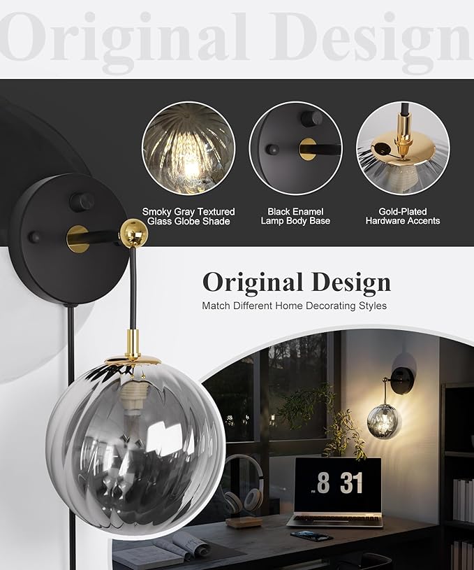 Metro Sphere Glass Wall Sconce - Mid Century Modern Wall Light with Hardwired or Plug-in, 3-Way Dimmable,Minimalist Wall Mounted Lamp for Modern Home Decor,Inclub E26 Bulb