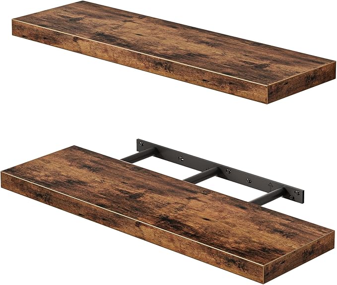 Fixwal Floating Shelves for Wall, 22" Long Wall Mounted Rustic Wood Shelves for Living Room, Bedroom, Bathroom and Kitchen, Wall Shelves for Storage, Books, Room Decor (Rustic Brown, Set of 2)