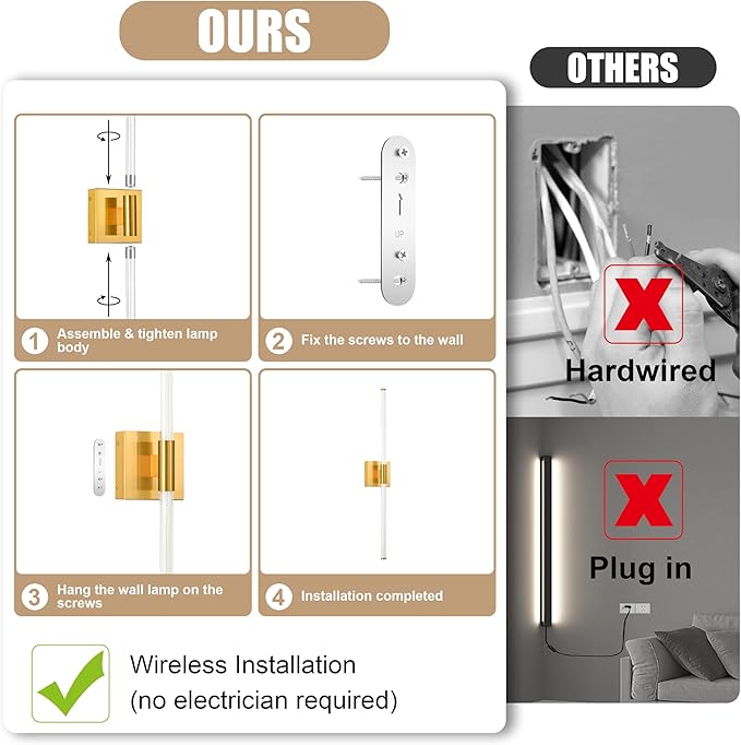 Gold Battery Operated Wall Sconces Set of 2, Rechargeable Battery Wall Sconce with Remote, Dimmable 3 Color LED Wireless Wall Lights, 360° Full Lighting, Timer & Memory Function 24 Inch