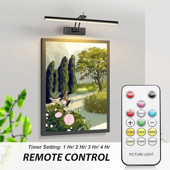2 Pack Picture Lights for Wall Battery Operated, 16 inch Wireless Art Lighting for Painting, 6 Colors Picture Frame Lights with Remote, Dimmable 5200mAh Gallery Light, Black