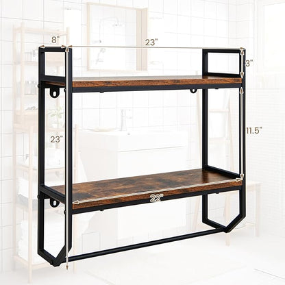 Giantex Wall Mounted Bathroom Shelves with Towel Bar, Industrial 2-Tier Over The Toilet Storage Organizer with Metal Frame, Wooden Wall Shelves, Floating Shelves for Bathroom, Kitchen, Living Room