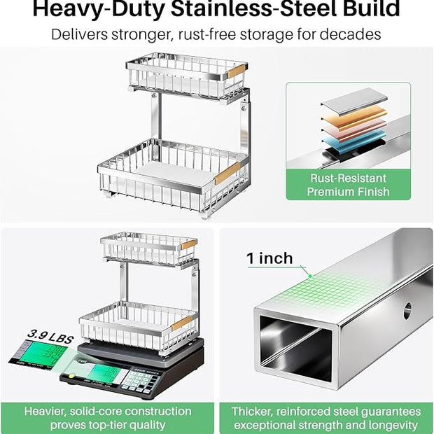 Under Sink Organizer, Stainless Steel 2 Packs 2 Tier Under Sink Organizers and Storage, Slide out Pull out Cabinet Shelf, Sliding Drawer for Kitchen Bathroom Pantry Cabinet Closet Organization Rack