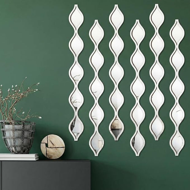 Yulejo 6 Pcs Acrylic Teardrop Mirror Decor Narrow Wall Decor Boho Vintage Wall Art for Apartment Home Living Room Bathroom Bedroom Hallway (Silver Edge)