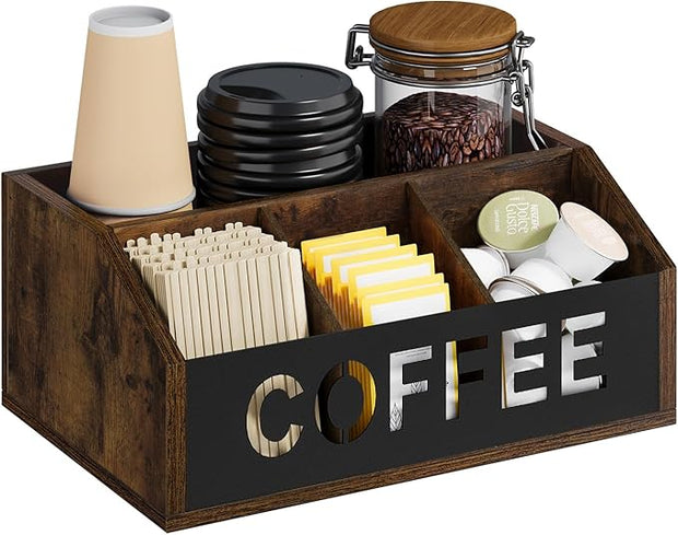 YINMIT Coffee Station Organizer for Countertop, Wood Coffee Bar Organizer with Removable Dividers for Pods, Syrup, Cups, Stirrer, Tea - Office Bar Accessories, Iron Sheet-Vintage Brown