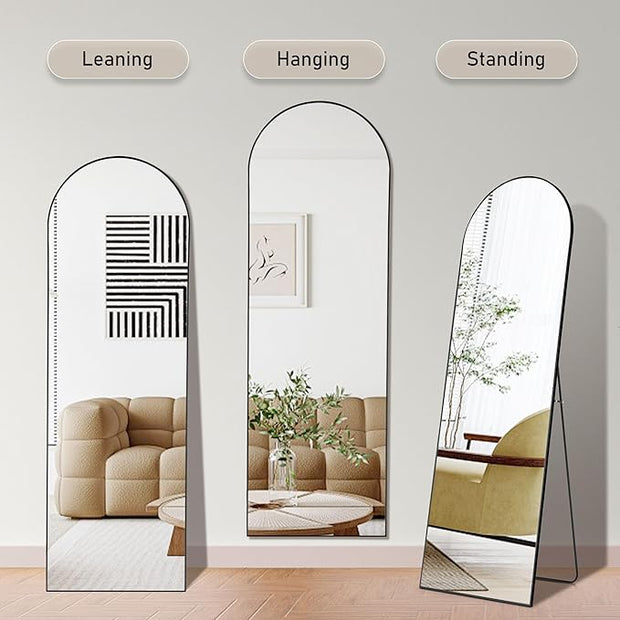 OLIXIS Arched Full Length Mirror for Bedroom, 65"x24" Full Body Mirror with Stand, Hanging or Leaning for Wall, Aluminum Alloy Thin Frame Floor Standing for Living Room, Long, Black