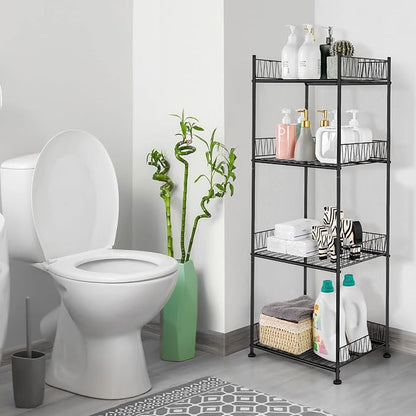 OYEAL Bathroom Shelves Freestanding Bathroom Towel Storage 4 Tier Wire Shelving Unit with Guard Bathroom Shelf Organizer Standing for Pantry Kitchen Laundry Room Organization, Black