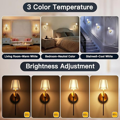 Battery Operated Wall Sconces Set of 2, Wireless Wall Sconce with Remote Dimmable Timer, Rechargeable 5200mAh, Cordless Wall Light Gold for Bedroom Living Room, Hallway, Light Decor