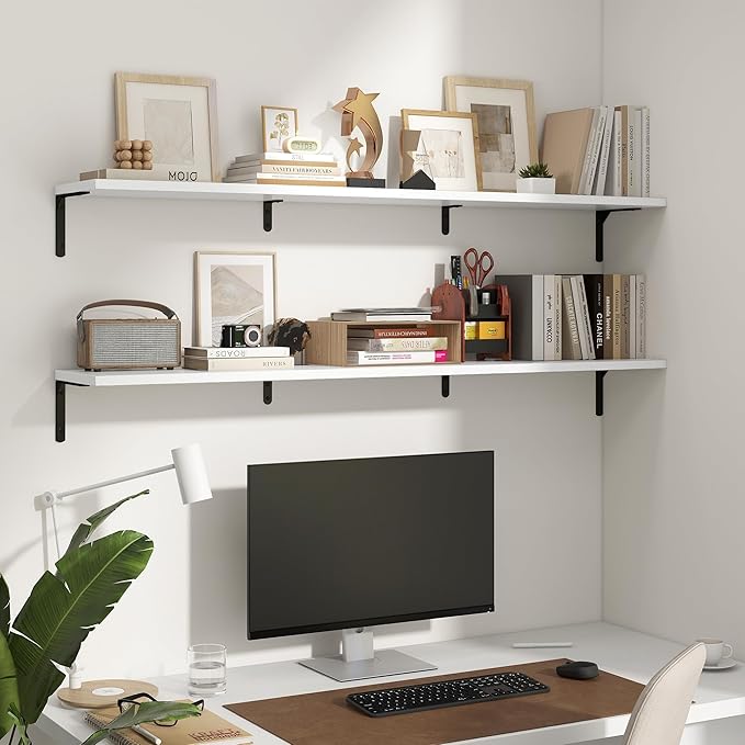 Fun Memories Deep Floating Shelves, 55W x 8D Floating Shelves Set of 2, Wall Mounted Shelf with Metal Brackets, Rustic Wood Wall Shelf for Bathroom, Kitchen and Living Room, White