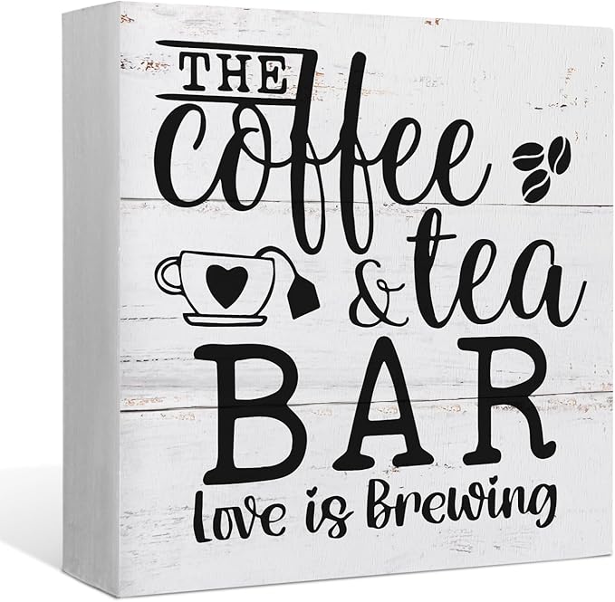 The Coffee and Tea Bar Love is Brewing Wood Box Sign Desk Decor,Rustic Wooden Block Sign Decorations for Home Kitchen Office Coffee and Tea Bar Wall Tabletop Shelf Decor