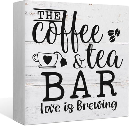 The Coffee and Tea Bar Love is Brewing Wood Box Sign Desk Decor,Rustic Wooden Block Sign Decorations for Home Kitchen Office Coffee and Tea Bar Wall Tabletop Shelf Decor