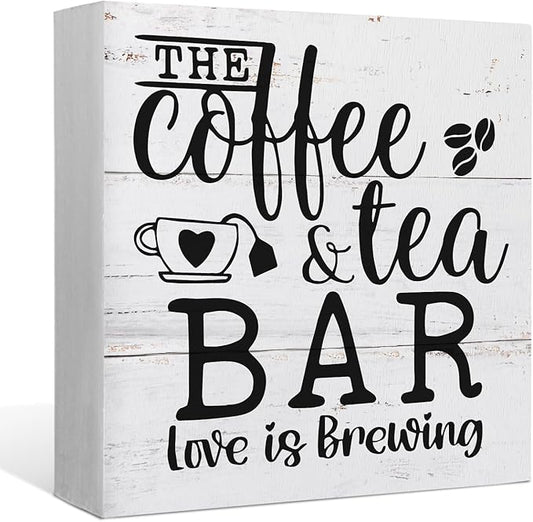 The Coffee and Tea Bar Love is Brewing Wood Box Sign Desk Decor,Rustic Wooden Block Sign Decorations for Home Kitchen Office Coffee and Tea Bar Wall Tabletop Shelf Decor
