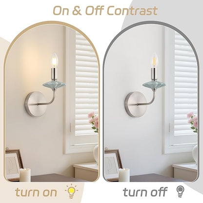 Modern Retro Wall sconces Set of Two with Green Ceramic Flower Decoration,Brushed Nickel Wall Lights, Hardwired Vintage Vanity Light for Bathroom, Living Room, Bedroom, and hallways.
