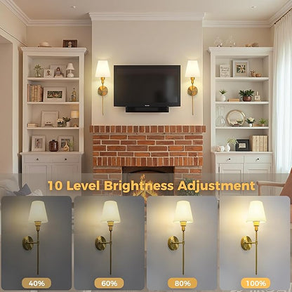 DORESshop Gold Battery Operated Wall Sconce Set of Two, Rechargeable Wall Sconce with Remote, 15 Colors, Wireless Sconces Set of 2 for Bedroom Living Room, 24.6in, Includes Daily & 3 Shade