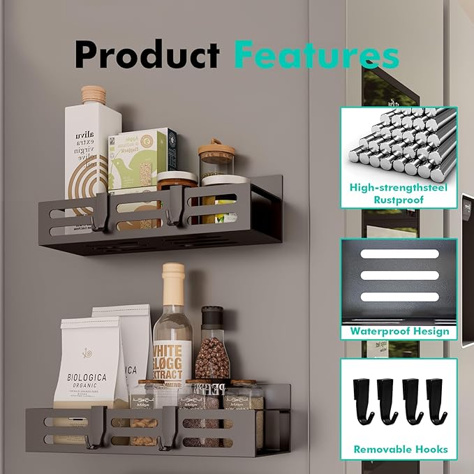 2 Pack Magnetic Spice Rack for Refrigerator, Black Magnetic Shelf and Fridge Kitchen Cabinet Organizers Storage Seasoning Organization Mini Shelves, Organizadores de Cocina