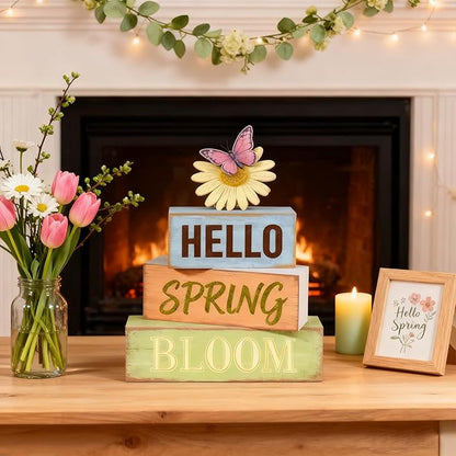 Spring Decoration Wooden Tiered Tray Decor – Rustic Hello Spring Bloom Stacked Block Sign with Butterfly Daisy Topper – Farmhouse Tabletop Spring Decor for Living Room Shelf Kitchen Coffee Bar Seasonal Home Display