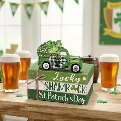 Geelin 4 Pcs St. Patrick's Day Table Decorations Wooden Shamrocks Rustic Tiered Tray Decor with Green Truck, Irish Farmhouse Shelf Centerpiece for Home Kitchen Living Room Holiday Decoration