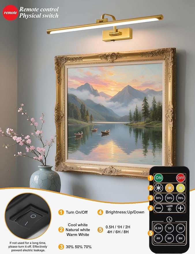 Picture Lights for Wall Battery Operated, Rechargeable Light for Pictures with Remote & Timer, Gold Art Light for Paintings 24 Inch Wireless Dimmable Cordless Gallery Frame Lights with 3CCT