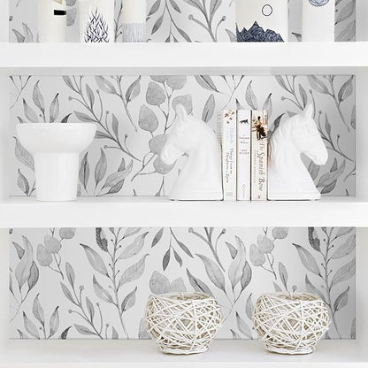 WENMER Gray Leaf Wallpaper Floral Peel and Stick Wallpaper 17.7" x 1181" Self Adhesive Watercolor Leaves Wall Paper Removable Floral Contact Paper for Cabinets Wall Decor