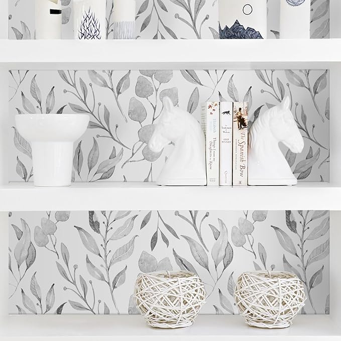 WENMER Gray Leaf Wallpaper Floral Peel and Stick Wallpaper 17.7" x 590" Self Adhesive Watercolor Leaves Wall Paper Removable Floral Contact Paper for Cabinets Wall Decor