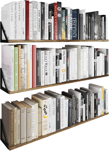 Wallniture Minori Wall Bookshelves for Living Room Decor, 36" Floating Shelves for Bathroom, Kitchen, Bedroom, Floating Bookshelf Wall Storage, Set of 3 Natural Burned