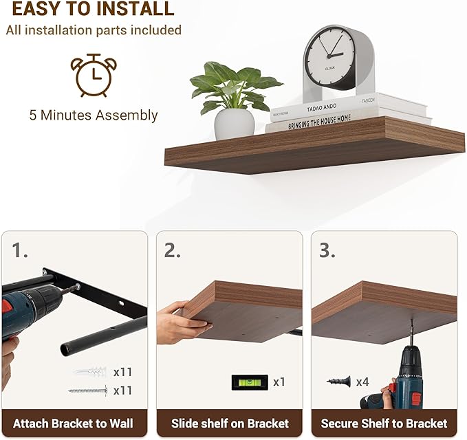 72 Inch Floating Shelves, 3D Textured Wood Grain, 72
