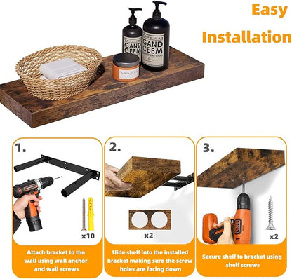 INHABIT UNION Rustic Brown Floating Shelves for Wall，24in Wall Mounted Display Ledge Shelves Perfect for Bedroom, Bathroom, Living Room and Kitchen Decoration Storage (Rustic Brown, Set of 2)