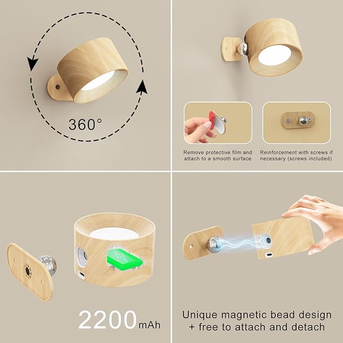 Koopala 2PACK LED Wall Lamps with Rechargeable Battery Operated, Wall Mounted Lights with 3 Brightness 3 Color Temp Removable Charging 360°Rotate Magnetic, Cordless Wall Sconces for Reading Bedside