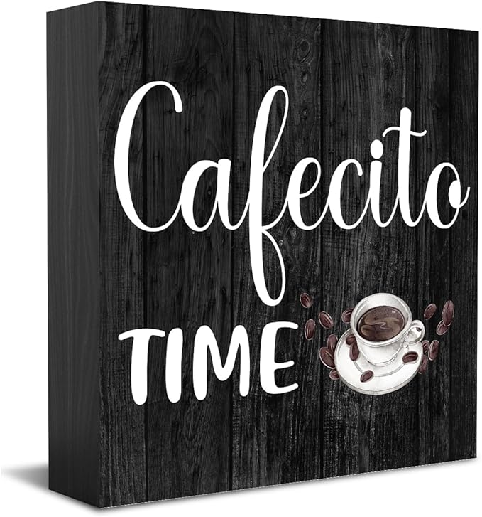 HTBIG Wooden Decorative Box Sign - Rustic Black Coffee Themed Sign - 5.1 x 5.1 x 1.2 inches - Perfect for Home, Office, or Gifting
