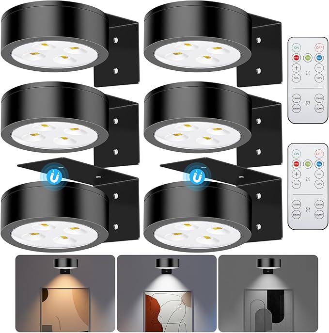 Picture Lights for Wall, 3 Lighting Modes Magnetic Art Display Light,Battery Operated Led Painting Light with Remote Control Dimmable & Timer,6Pack Black