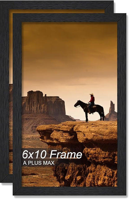 A PLUS MAX 6x10 Picture Frame Set of 2, Black Engineered Wood Frame for 6 x 10 Inch Picture Poster Photo, Light Weight 6 by 10 Frame with Wood-grain for Wall - 2 Pack/Black/6"x10"