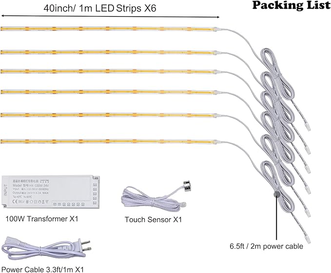 40 inch Under Cabinet Lights, 6 Pack Bright Closet Under Counter Lights for Kitchen, Wardrobe, Hallway，Stairs with Transformer (Natural White, 6 * 40inch LED Strips)