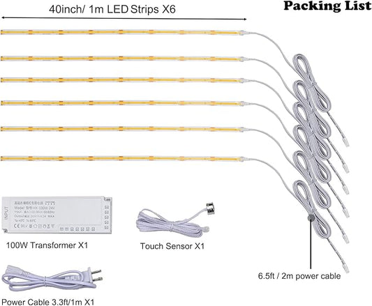 40 inch Under Cabinet Lights, 6 Pack Bright Closet Under Counter Lights for Kitchen, Wardrobe, Hallway，Stairs with Transformer (Natural White, 6 * 40inch LED Strips)